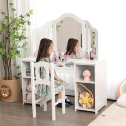 Costway2-in-1 Kids Vanity Table and Chair Set with Removable Mirror-White