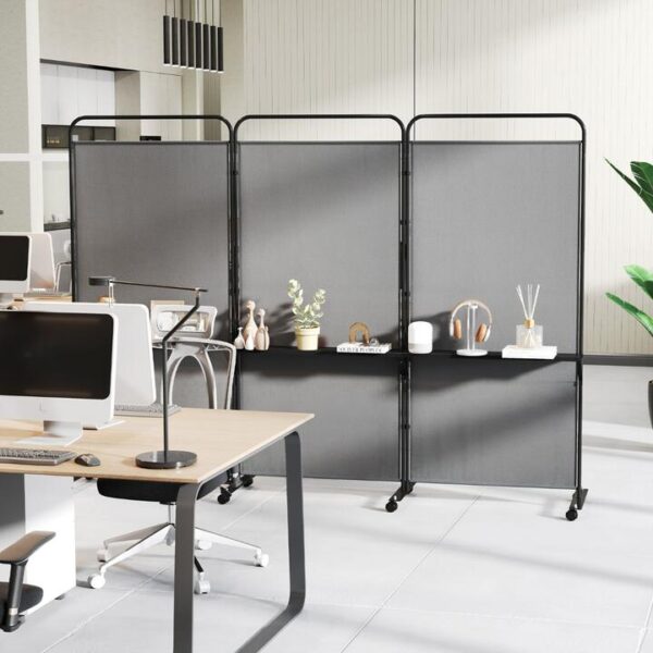 Costway3-Panel 188cm Rolling Privacy Screen Folding Room Divider-Grey