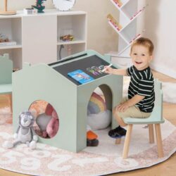 Costway3 Pieces Kids Wooden Activity Play Desk and Chair Set with Chalkboards-Green