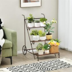 Costway3-Tier Metal Ladder Shaped Plant Stand with Wheels & Handle