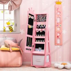 Costway3-in-1 360° Swivel Kids Jewelry Cabinet with Dressing Mirror and Storage Rack-Pink