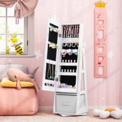 Costway3-in-1 360° Swivel Kids Jewelry Cabinet with Dressing Mirror and Storage Rack-White