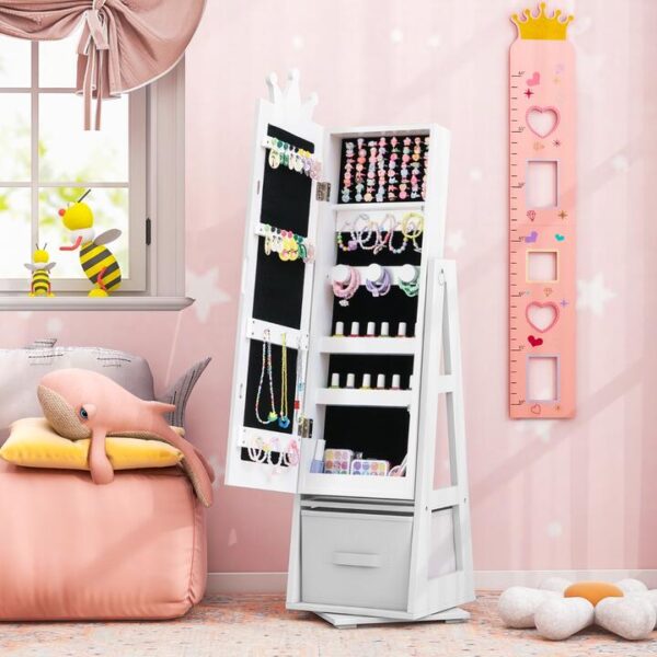 Costway3-in-1 360° Swivel Kids Jewelry Cabinet with Dressing Mirror and Storage Rack-White