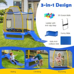 Costway3-in-1 7FT Kids Trampoline with Slide & Ladder & Ocean Balls-Blue