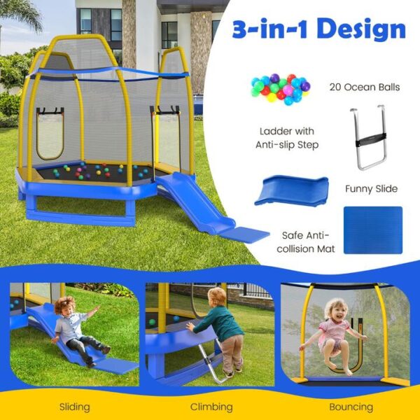 Costway3-in-1 7FT Kids Trampoline with Slide & Ladder & Ocean Balls-Blue