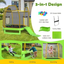 Costway3-in-1 7FT Kids Trampoline with Slide & Ladder & Ocean Balls-Green