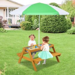 Costway3-in-1 Kids Picnic Table Set with Removable and Height Adjustable Umbrella-Green