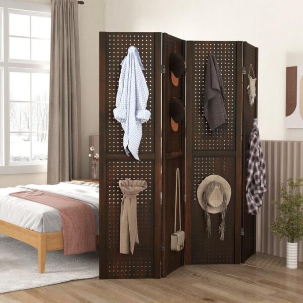 Costway4-Panel Folding Room Divider with 2-Way Metal Hinges-Brown