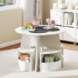 Costway5 PCS Kids Table and Chair Set with 4 Storage Stools and Blackboard-White