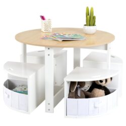 Costway5 Piece Kids Table and Chair Set with 4 Storage Stools-Natural