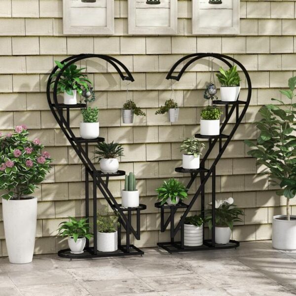 Costway5 Tier Metal Plant Stand with Hanging Hook-Black