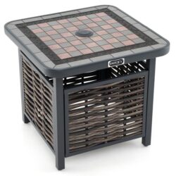 Costway55cm Outdoor PE Rattan Side Table with Umbrella Hole and Metal Frame