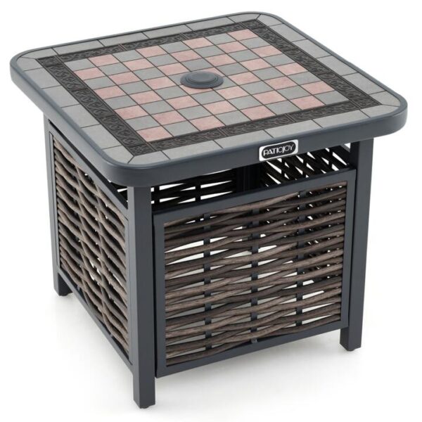 Costway55cm Outdoor PE Rattan Side Table with Umbrella Hole and Metal Frame