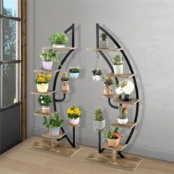 Costway6-Tier Metal Curved Half Moon Shape Plant Stand Rack with Top Hook-2 pieces
