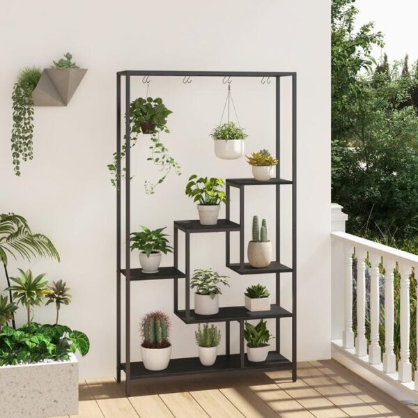 Costway6-tier Tall Plant Stand with 10 Hanging Hooks and Wire Shelf for Multiple Plants-Black