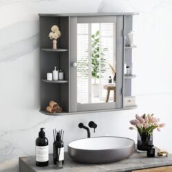 Costway62cm Wall Mounted Storage Cabinet with Mirror for Bathroom & Living Room-Grey