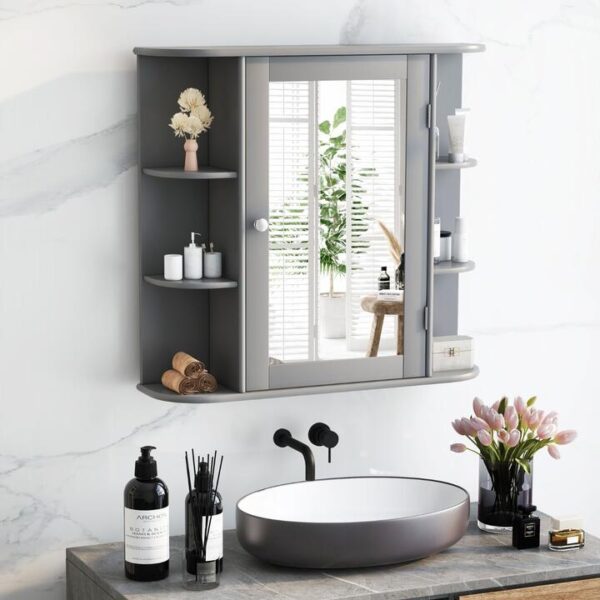 Costway62cm Wall Mounted Storage Cabinet with Mirror for Bathroom & Living Room-Grey