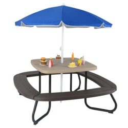 Costway8 Person Kids Picnic Table with Adjustable & Collapsible Umbrella-Brown