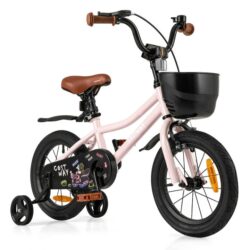 CostwayAdjustable Kids Bike with Training Wheels-Pink-14 inches