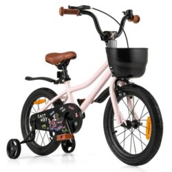 CostwayAdjustable Kids Bike with Training Wheels-Pink-16 inches