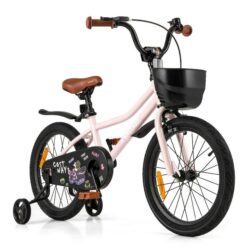 CostwayAdjustable Kids Bike with Training Wheels-Pink-18 inches