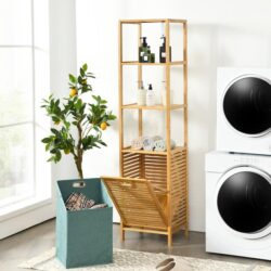 CostwayBamboo Tower Hamper Organizer with 3-Tier Storage Shelves for Bathroom