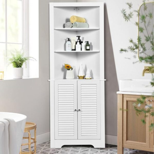 CostwayBathroom Corner Storage Cabinet Tall Bathroom Cabinet with 3 Open Shelves-White