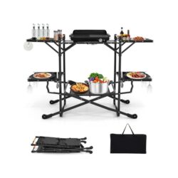 CostwayCamping Kitchen Table Folding Portable Outdoor Cook Station with 4 Side Tables