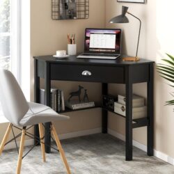 CostwayCorner Computer Desk with Drawer & Shelves for Office-Black