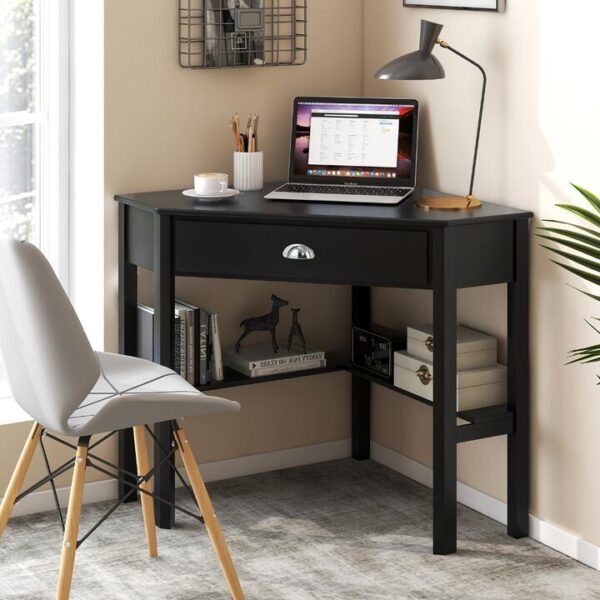 CostwayCorner Computer Desk with Drawer & Shelves for Office-Black