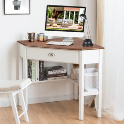 CostwayCorner Computer Desk with Drawer & Shelves for Office Natural