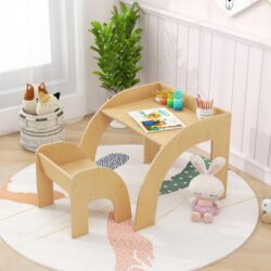 CostwayCute Activity Kids Table and Chair Set with Wide Tabletop-Natural