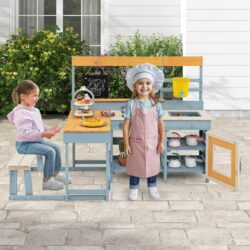 CostwayFir Wood Play Kitchen with Kids Picnic Table Mud Kitchen-Grey