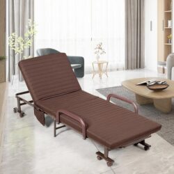 CostwayFolding Single Guest Bed with Mattress & Metal Frame-Coffee