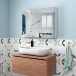 CostwayFrameless Bathroom Wall Mounted Mirror Cabinet with 3 Doors and Adjustable Shelves