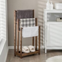 CostwayFreestanding Wood Towel Rack with Bottom Storage Shelf for Bathroom-Coffee