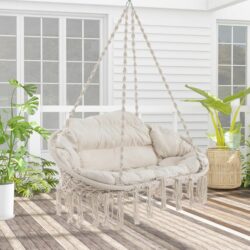 CostwayHand-Woven Rope Hanging Swing Chair with Thick Cushion and Folding Metal Frame-Beige