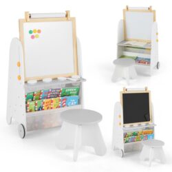 CostwayHeight Adjustable Kids Art Easel with Stool and Magnetic Whiteboard-Grey