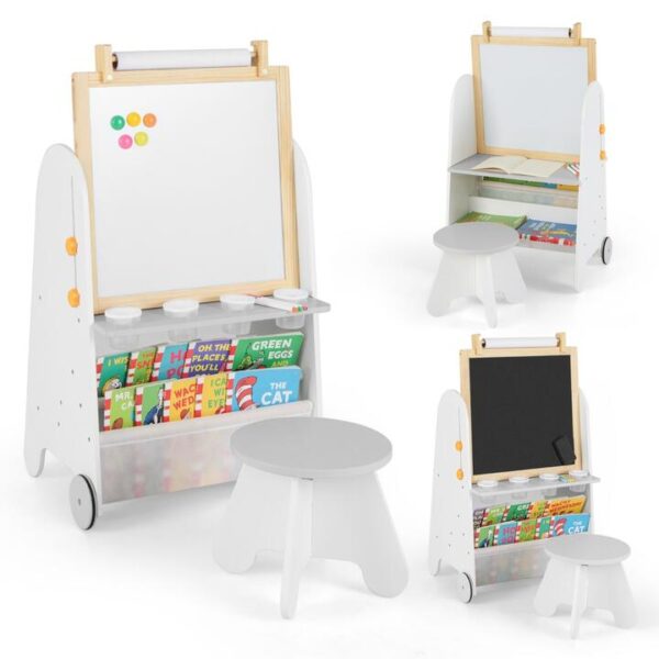 CostwayHeight Adjustable Kids Art Easel with Stool and Magnetic Whiteboard-Grey