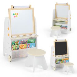 CostwayHeight Adjustable Kids Art Easel with Stool and Magnetic Whiteboard-Natural