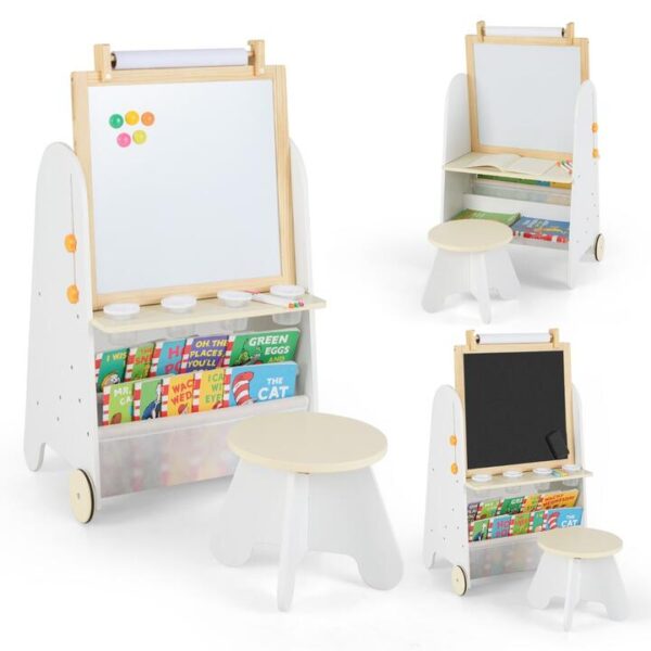 CostwayHeight Adjustable Kids Art Easel with Stool and Magnetic Whiteboard-Natural