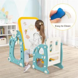 CostwayKids Art Easel with Chair Kids Activity Table Set with Adjustable Whiteboard-Blue