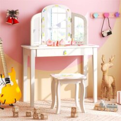 CostwayKids Vanity Table and Chair Set with Tri-Folding Mirror for Kids Aged 3+ Years Old