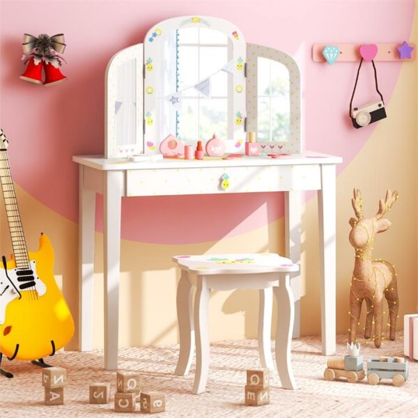 CostwayKids Vanity Table and Chair Set with Tri-Folding Mirror for Kids Aged 3+ Years Old