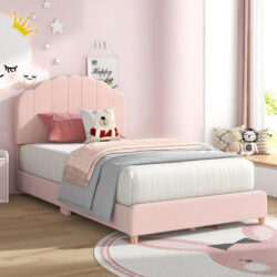 CostwayKids Wooden Single Bed Frame Upholstered Platform Bed Frame-Pink