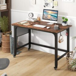 CostwayMobile Computer Desk 120cm Home Office Desk with Storage Bag-Rustic Brown