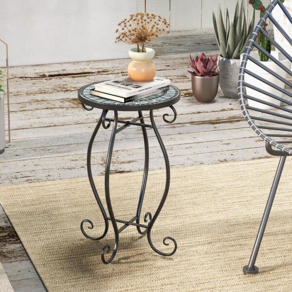 CostwayMosaic Outdoor Side Table with Weather Resistant Ceramic Tile Tabletop-Green