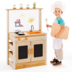 CostwayMud Kitchen for Kids Fir Wood Kitchen Playset with Planting Pots-Natural