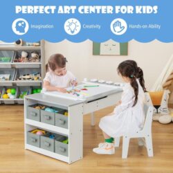 CostwayMulti-functional Kids Art Easel Table and Chair Set with Liftable Tabletop-Grey