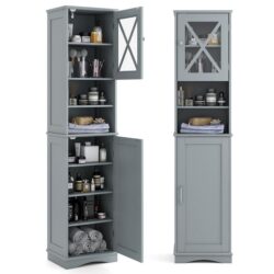 CostwayNarrow Tall Bathroom Freestanding Storage Cabinet with 5 Adjustable Shelves-Grey
